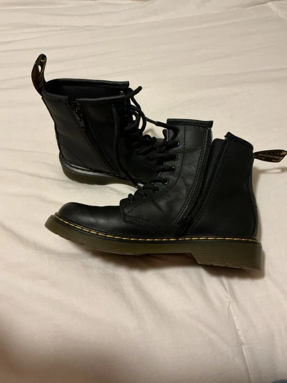Dr. Martens Kids Black Leather Lace-Up Boots with Yellow Stitching